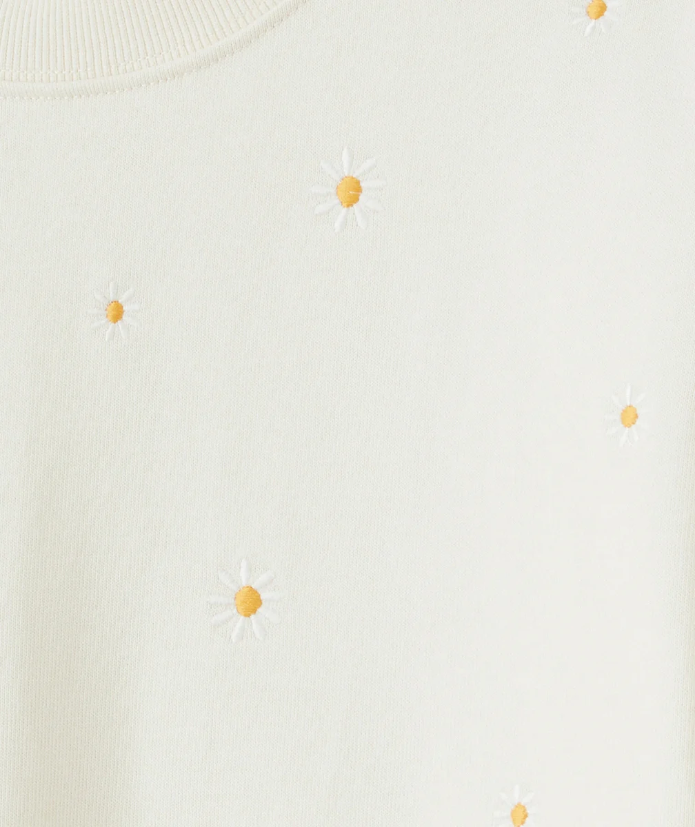 sweat manches longues fille en coton bio écru avec broderies marguerites