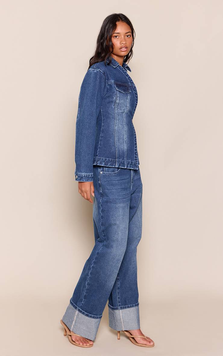 Bleu Foncé Jean Droit Taille Mi-haute À Revers