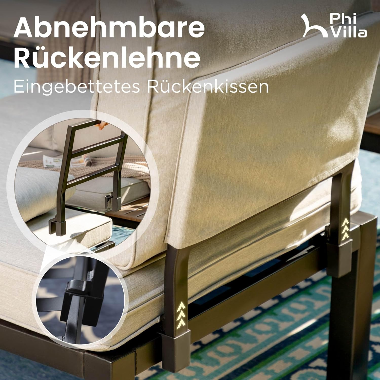 PHI VILLA Gartenmöbel Balkonmöbel Set 5 Teilig, Metall Lounge Möbel Outdoor Gartenlounge Set 6-Sitzer, Terrassenmöbel Modulare Möbel mit Verstärkten Kissen und Kaffeetisch, Beige