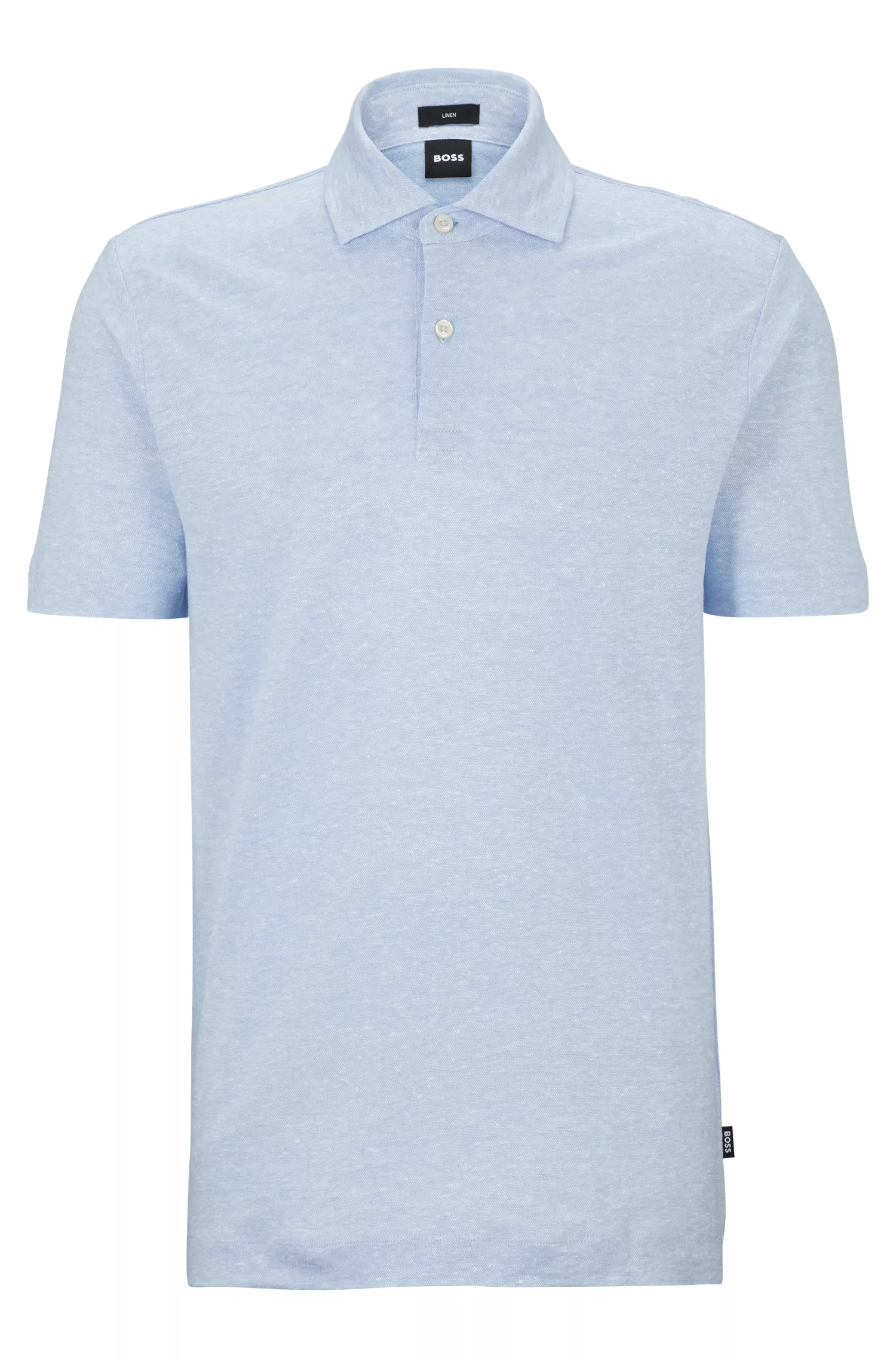 Camisa polo BOSS preta, corte regular, em linho bicolor.
