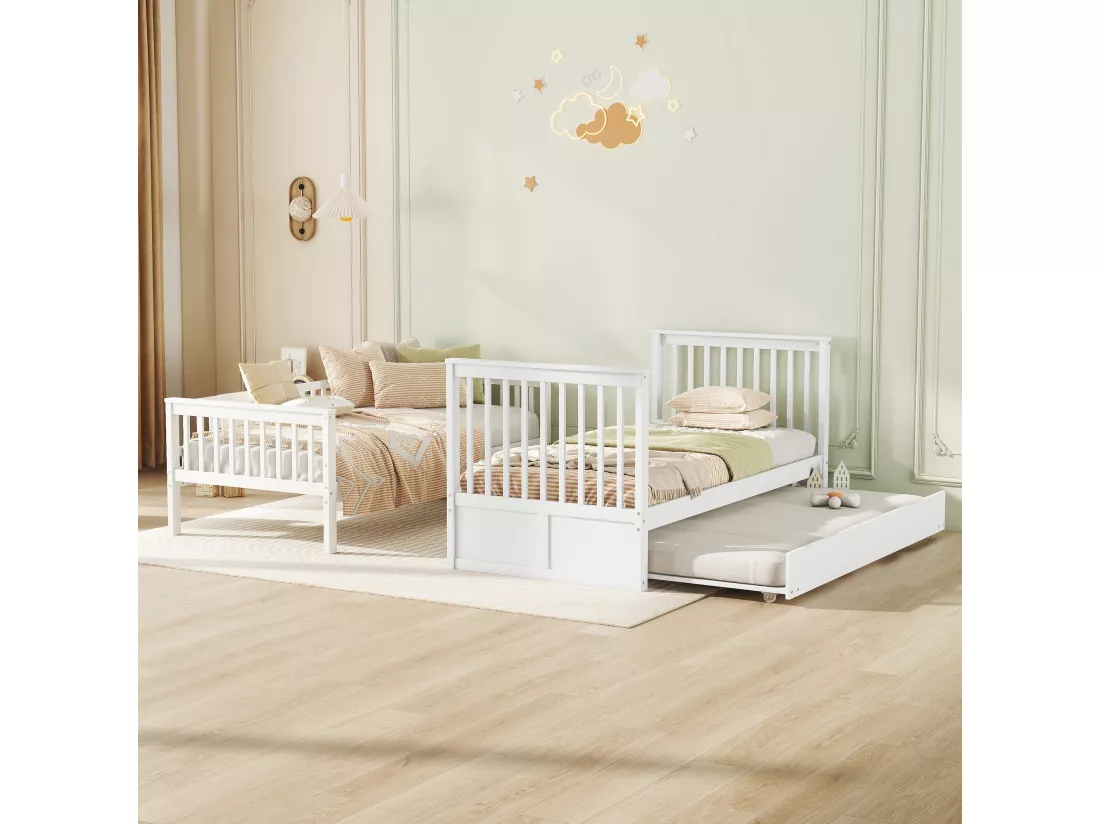 Lits superposés 2 x 90 x 200 cm + lit gigogne 90 x 190 cm - Bois MDF - Blanc - ANTHONY