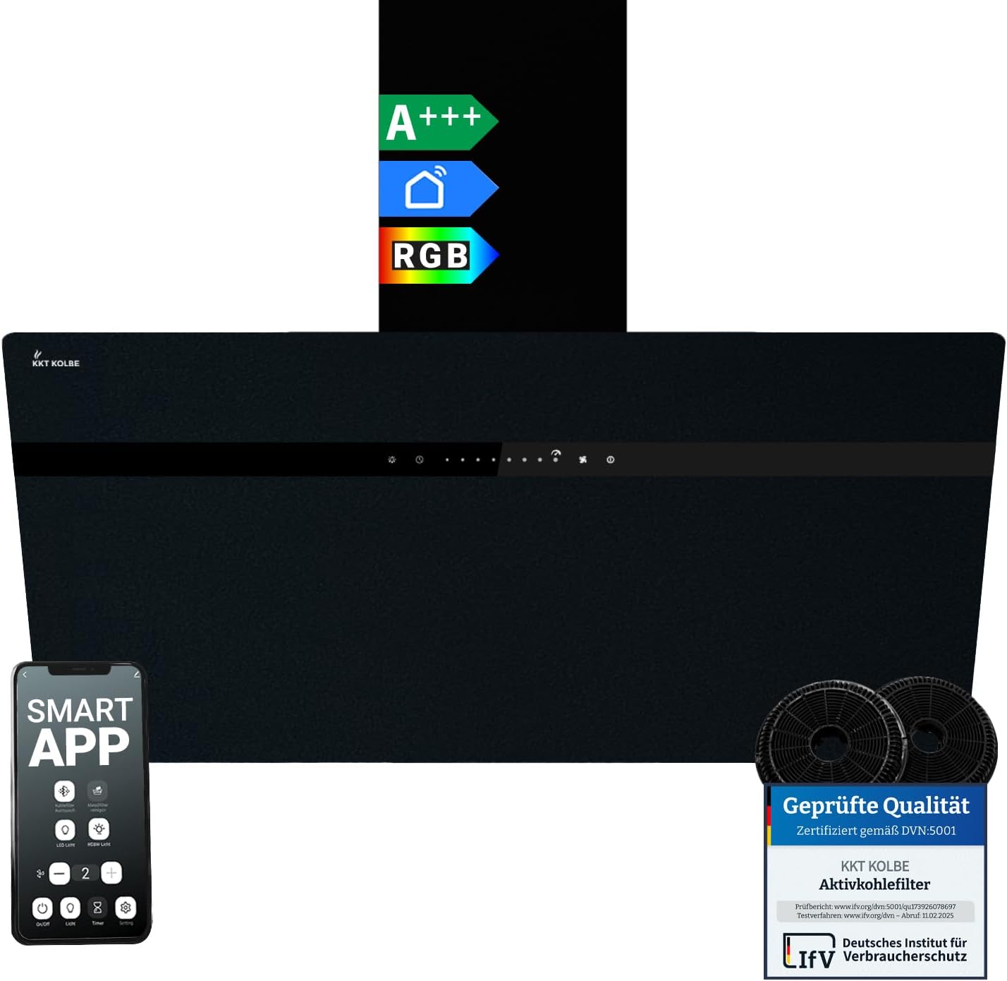 KKT KOLBE A+++ Dunstabzugshaube 90 cm 782 cbm/h Kopffreie Wandhaube Edelstahl schwarzes Glas WLAN RGBW-LED-Beleuchtung SensorTouch Bedienung STYLE9005SMAO
