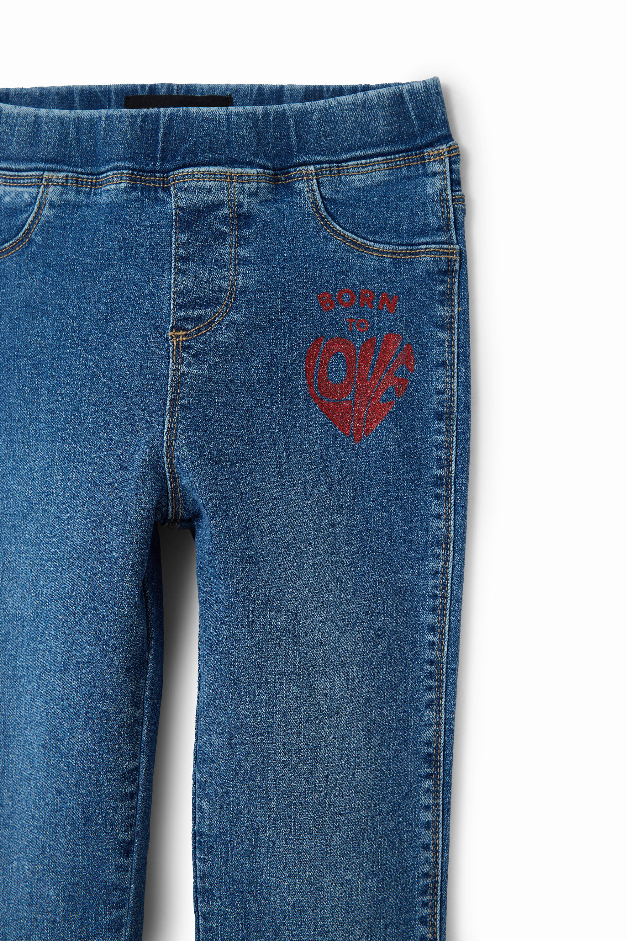 Calças legging jeans com mensagem