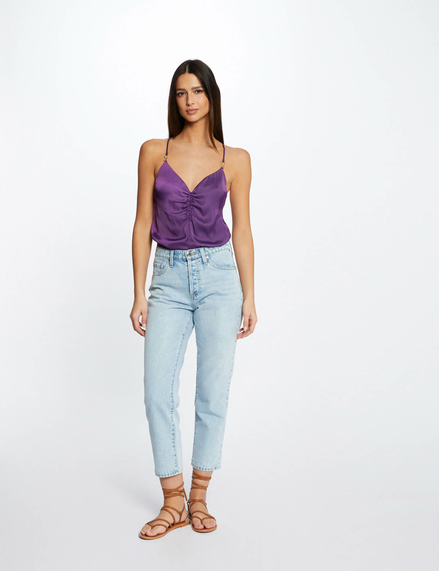 Blouse bretelles fines froncée violet fonce femme - violet_fonce
