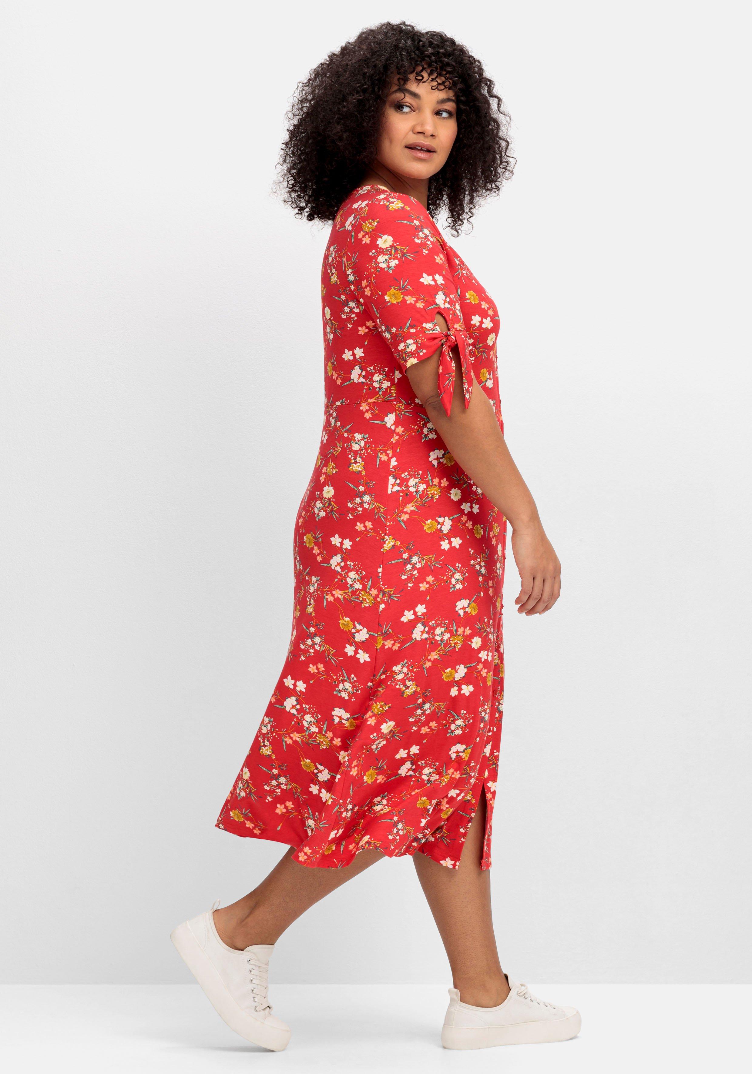 Jerseykleid mit Blumendruck und Zierknopfleiste