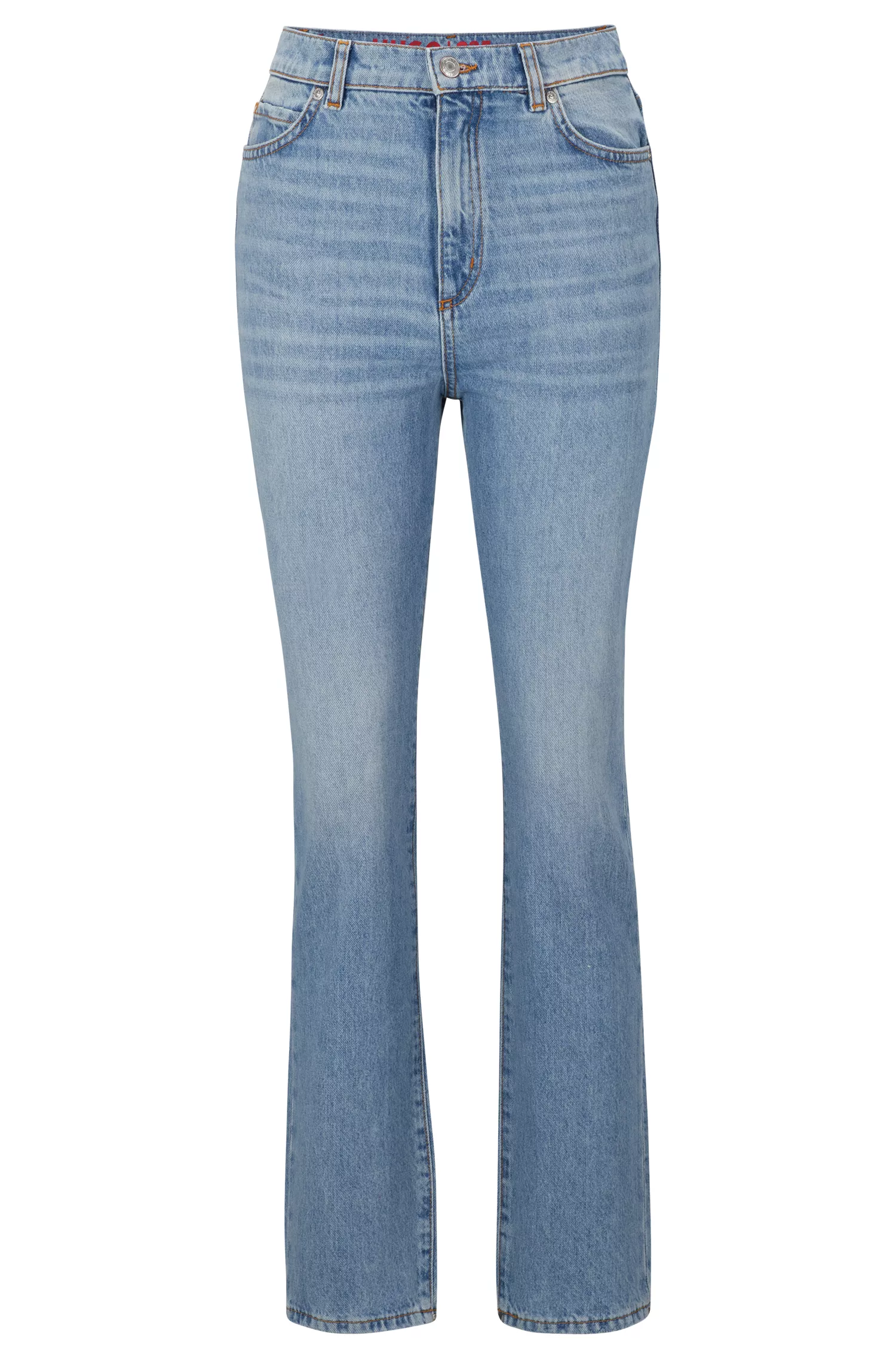 Calça jeans HUGO vermelha, modelagem relaxada, em denim rígido azul médio.