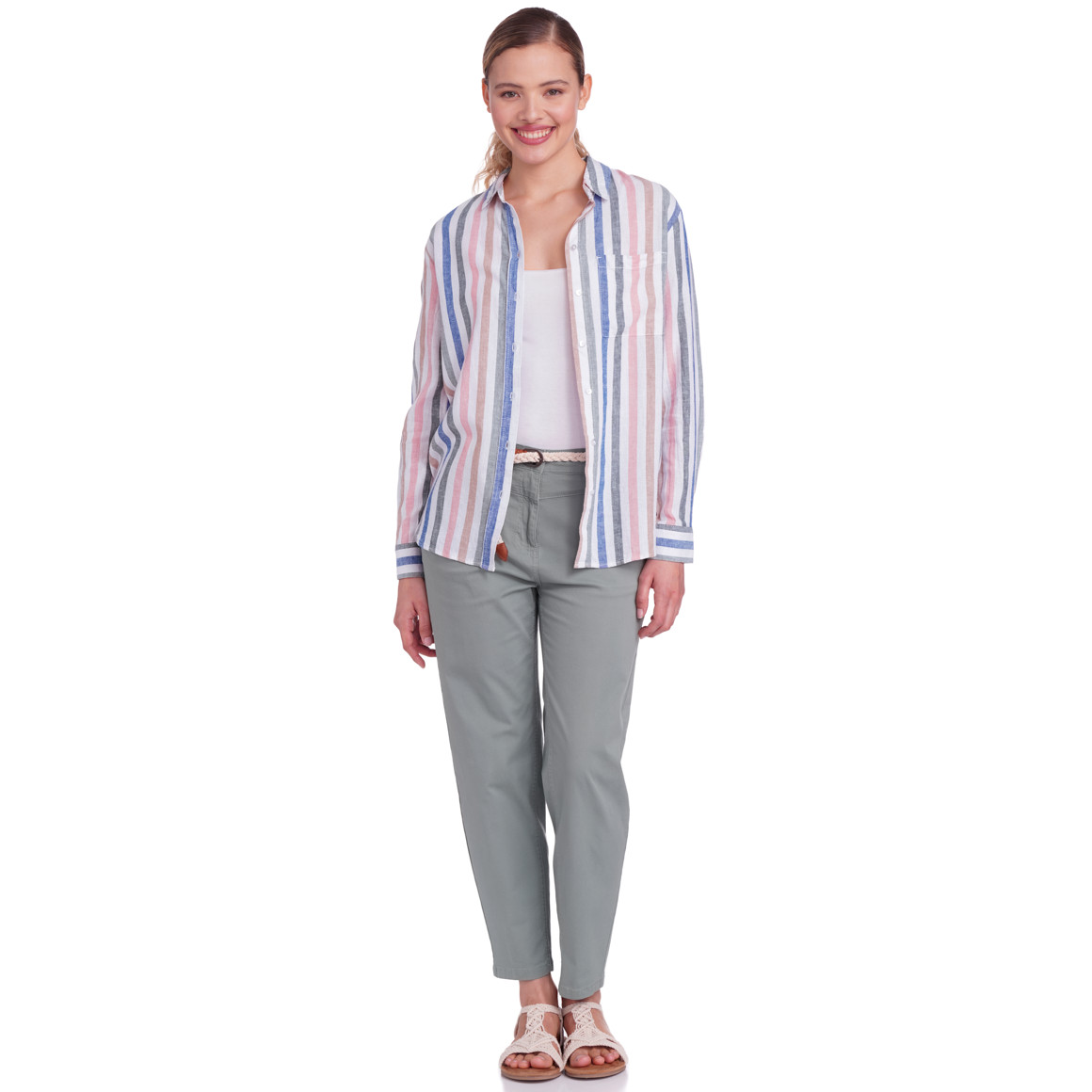 Gina Damen Leinen-Bluse mit Streifen weiss / bunt