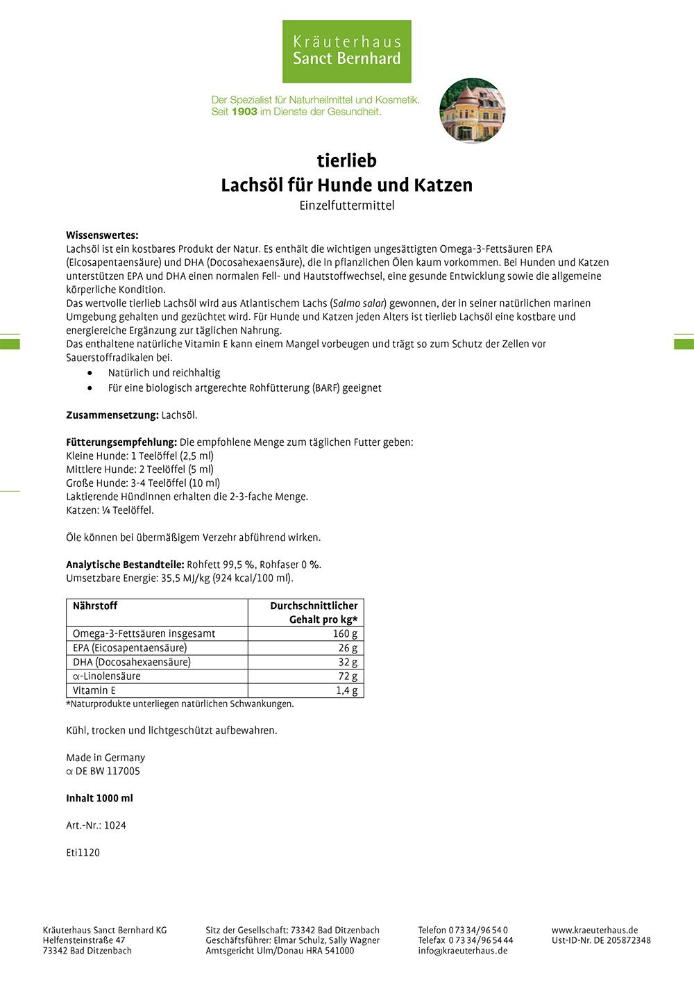 Sanct Bernhard tierlieb Lachsöl für Hunde und Katzen