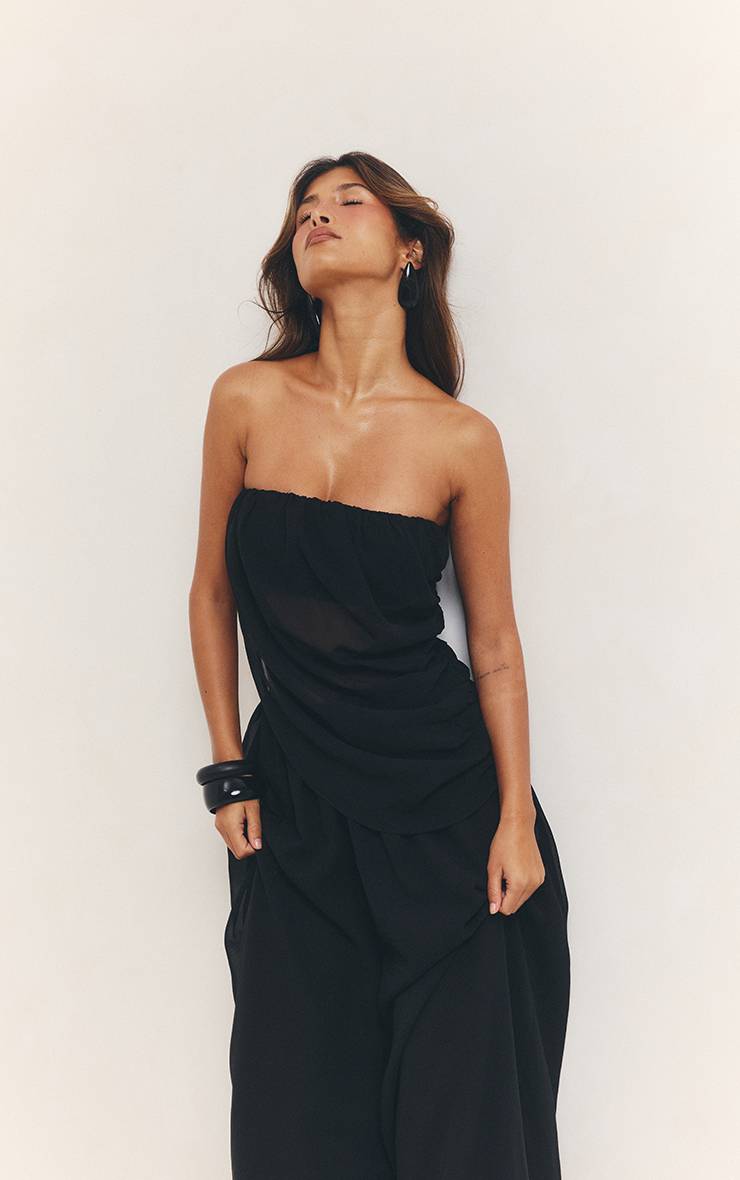 Noir Top Bandeau Asymétrique En Mousseline Ensemble Coordonné
