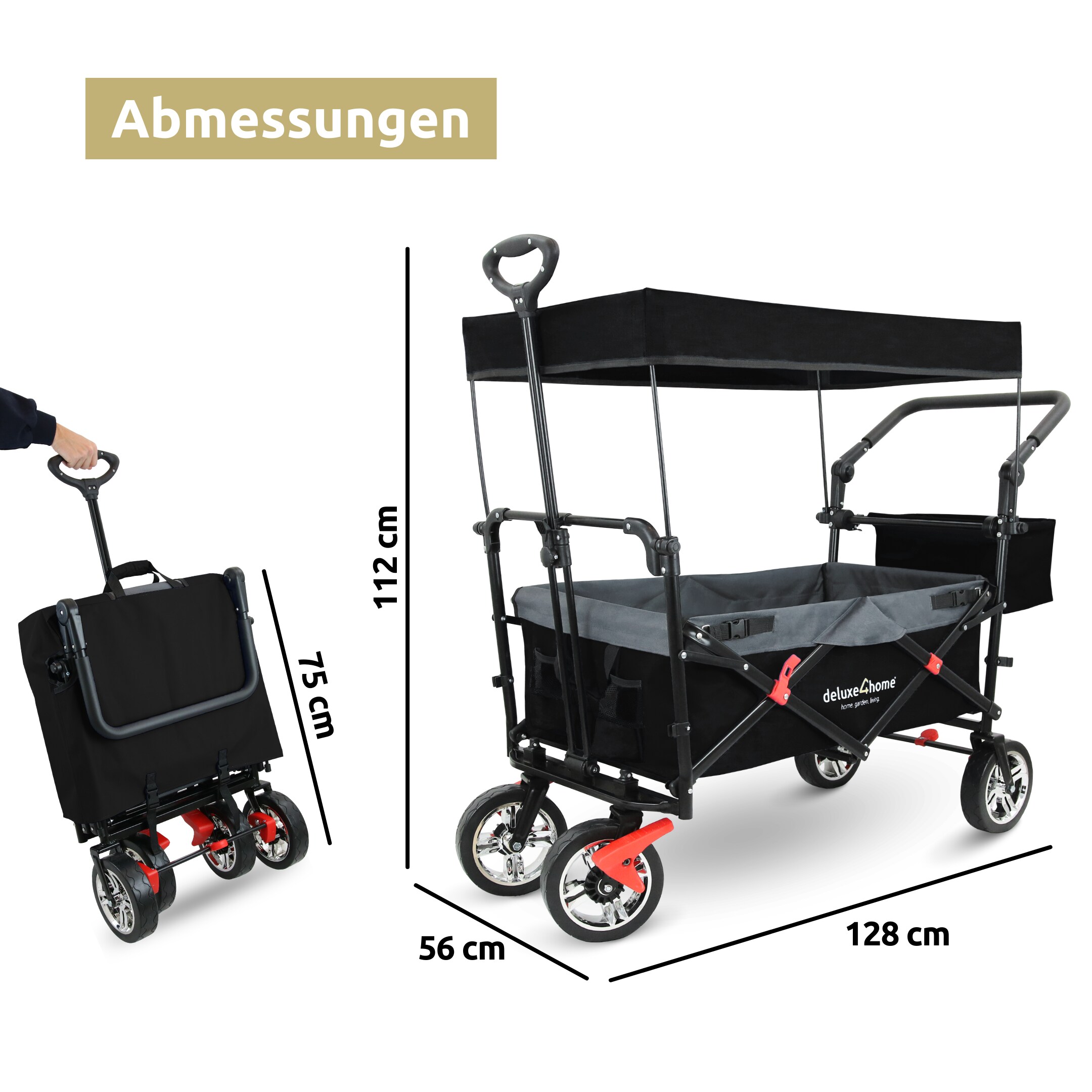 deluxe4home® Bollerwagen | Transportwagen faltbar mit Dach | Schwarz/Grau