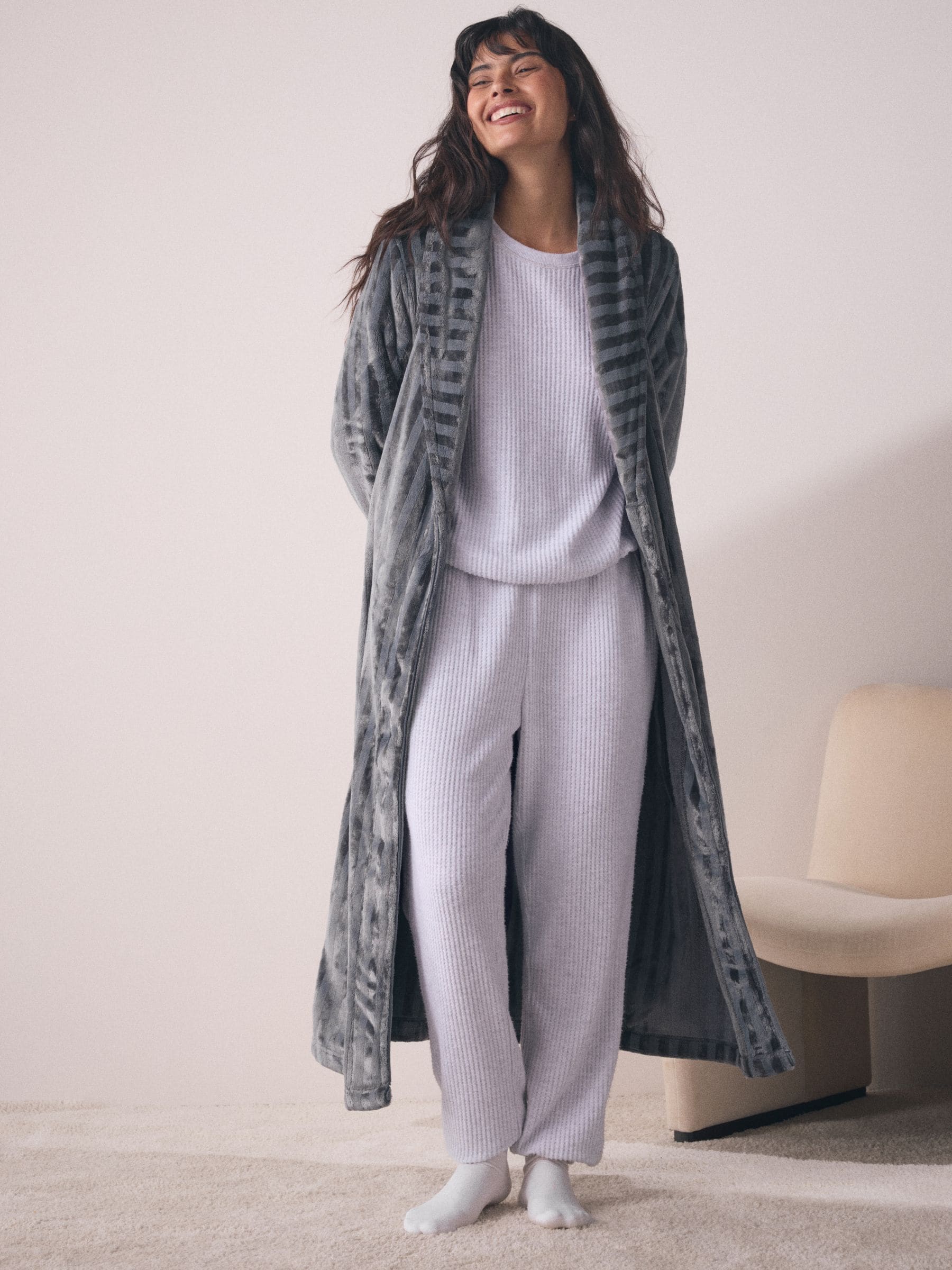 Grijs - Supersoft Tonal Stripe Dressing Gown