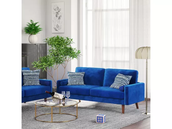Canapé droit en Velours bleu et bois massif - 3 places - charge max 300kg - 176x78x85cm