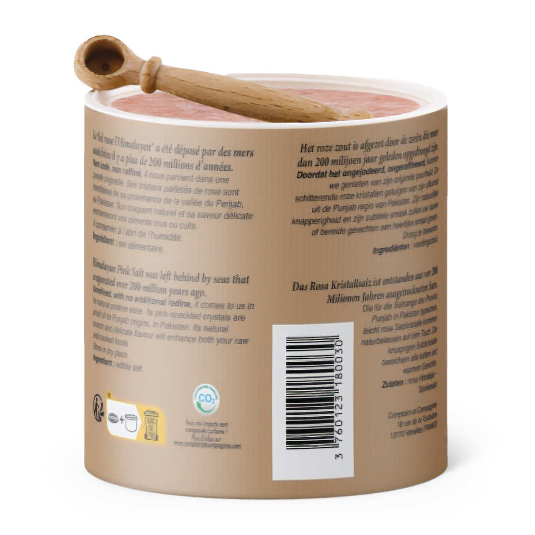 Sel rose fin de l'Himalaya et cuillère en bois