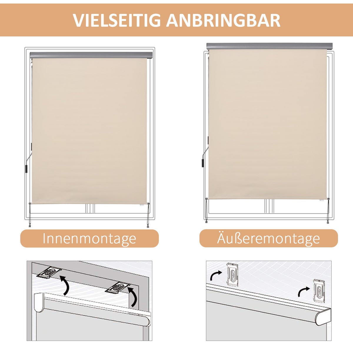 Outsunny verticale zonwering, verticale zonwering met handzwengel, 200 x 140 cm, polyester doek + aluminium, crèmewit