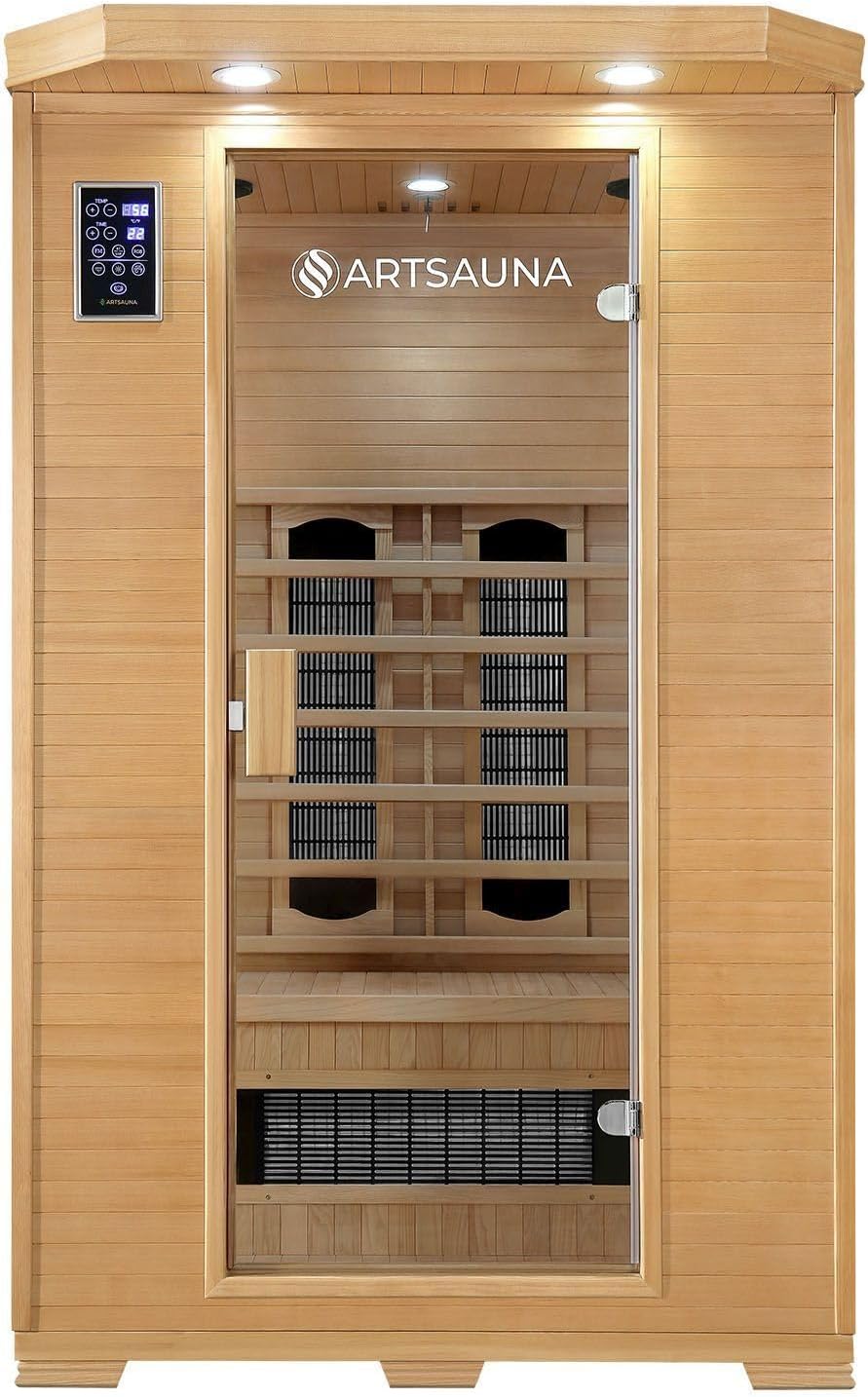 Artsauna Infrarotkabine Oslo - Wärmekabine mit Keramikstrahler & LED-Farblichttherapie für 2 Personen - Infrarotsauna 120x100 cm aus Hemlockholz