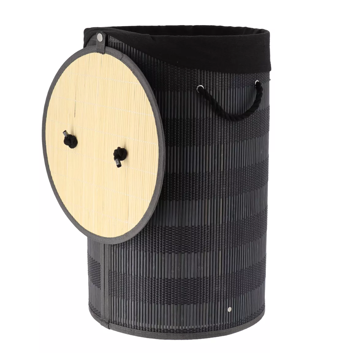 Panier à linge rond et pliable (H55 cm) Bambou Noir et gris