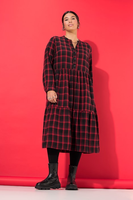 Midi-Flanellkleid, Karo, Tunika-Ausschnitt, Langarm