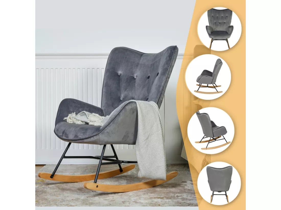 MEUBLES COSY Fauteuil à Bascule Allaitement Rocking Chair Scandinave Chaise Loisir Revêtement Pieds en Bois Massif pour Salon, Chambre, Le Balcon, Gris Velours