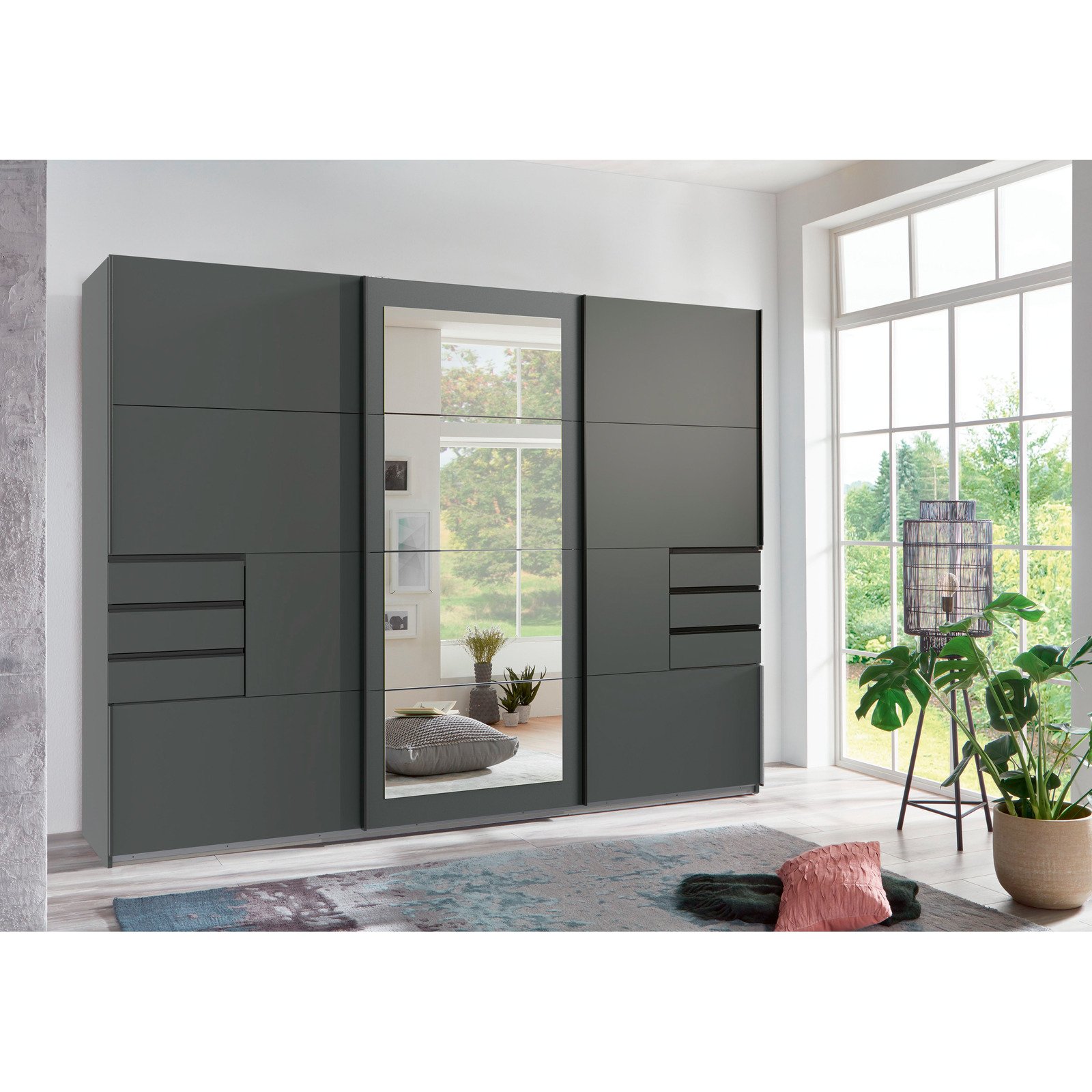 Schwebetürenschrank Luzern Dekor 270 x 210 x 64 cm, mit Spiegel graphit