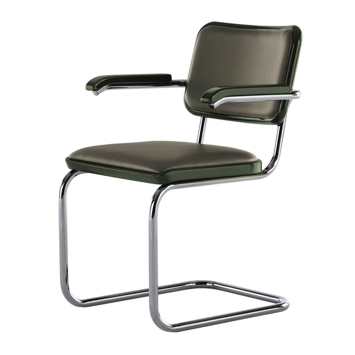 Thonet - JS. THONET a personal Interpretation by Jil Sander S 64 V Serious Armlehnstuhl, Glossy Titan / Buche high-gloss graphite green / Leder graphite green