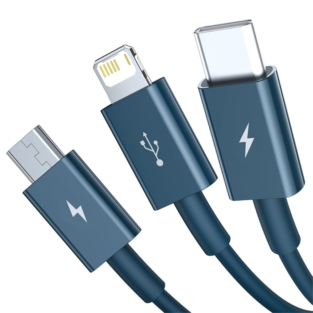 (1.5m) 3.5A 3in1 USB A auf USB C / Lightning / Micro USB Ladekabel Datenkabel - Blau