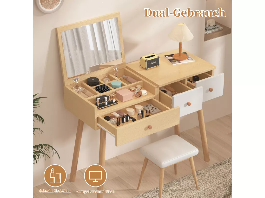 Coiffeuse avec miroir avec tiroirs et espace de rangement divisé - 100 x 78 x 40 cm - Panneaux de particules - Coloris naturel