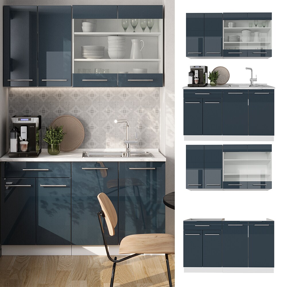Vicco Küchenzeile Fame-Line Weiß Dunkelblau Hochglanz 140 cm mit Arbeitsplatte Anthrazit