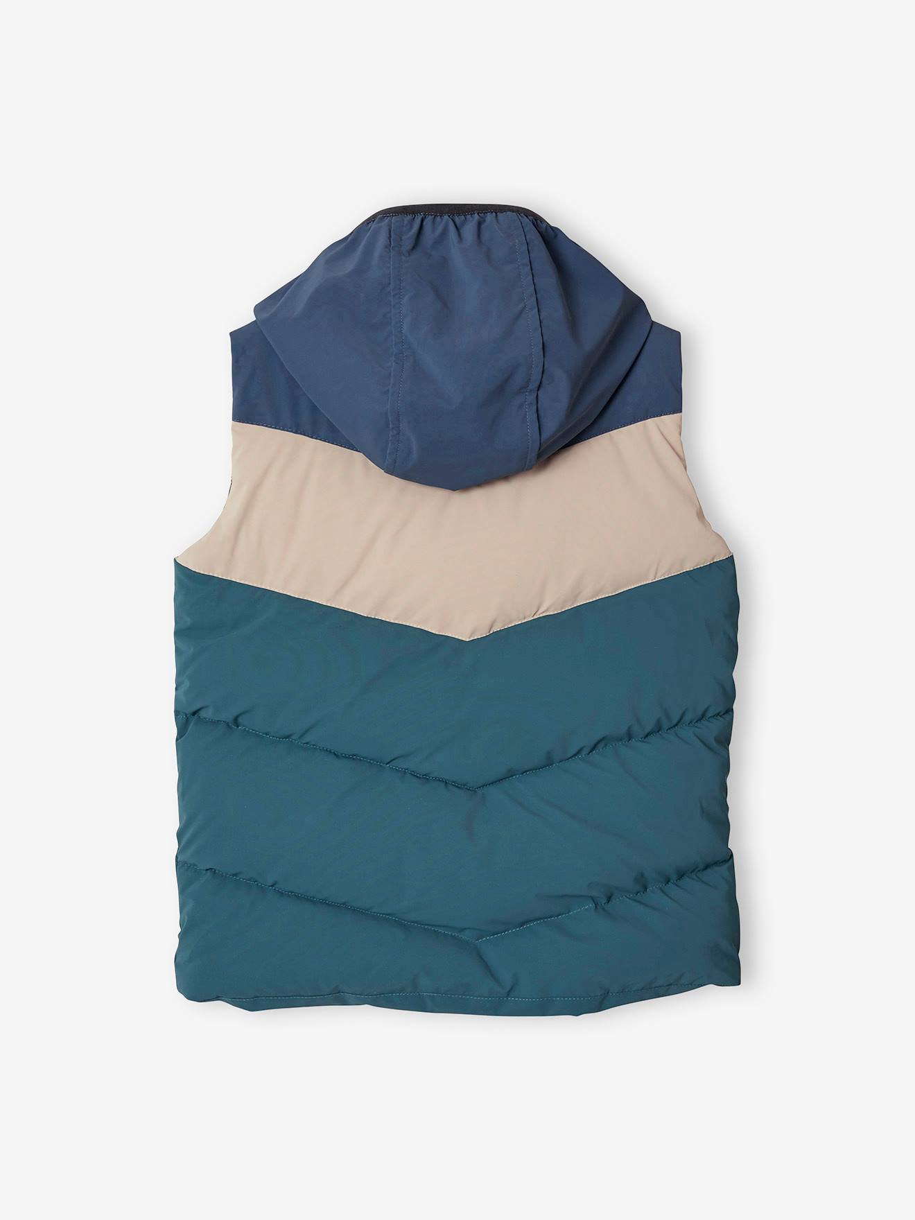 Colete com capuz e enchimento de poliéster reciclado, tamanho médio, listrado em azul, para meninos.