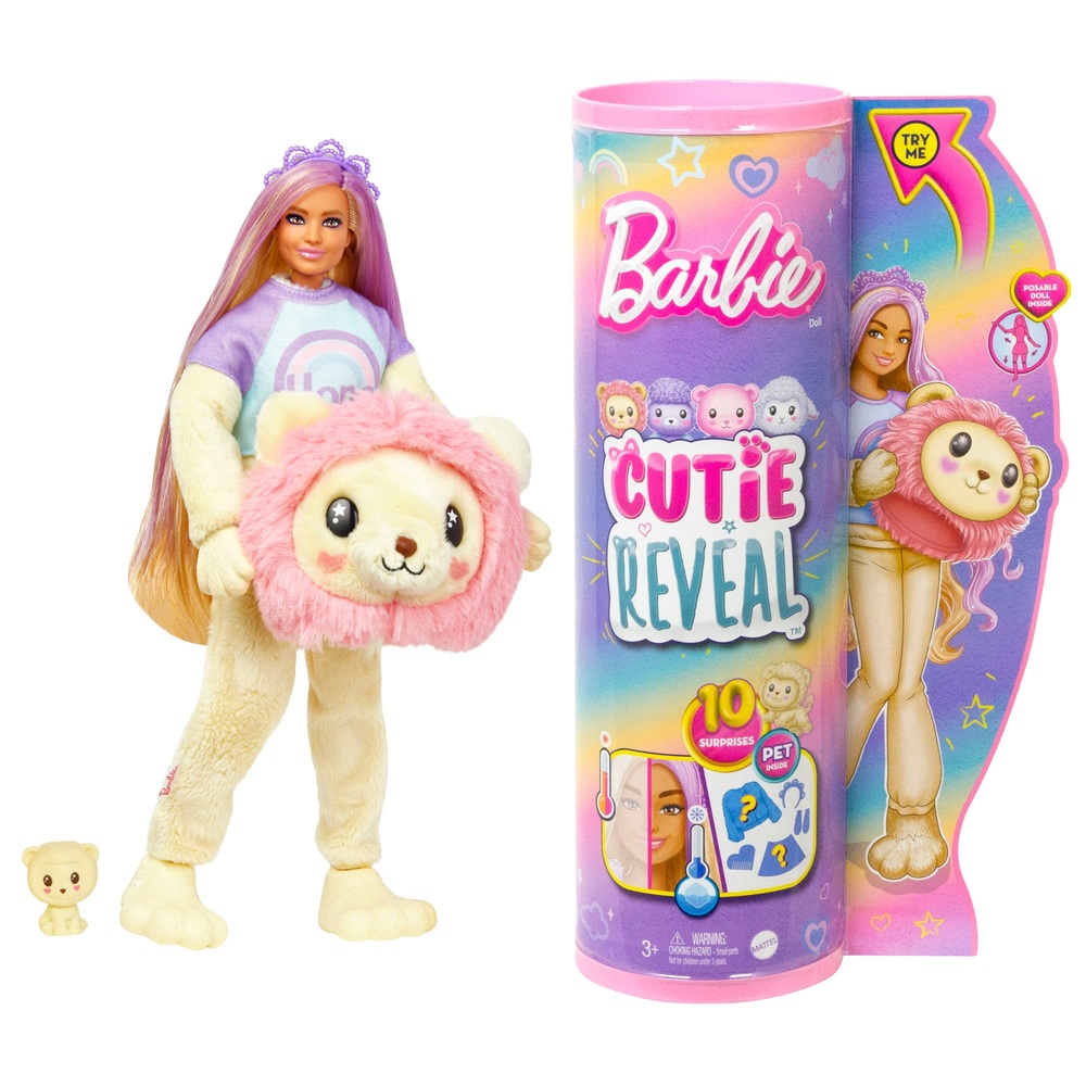 Barbie Cutie Reveal Cozy Cute Tees Puppe mit Löwen-Plüschkostüm und 10 Überraschungen