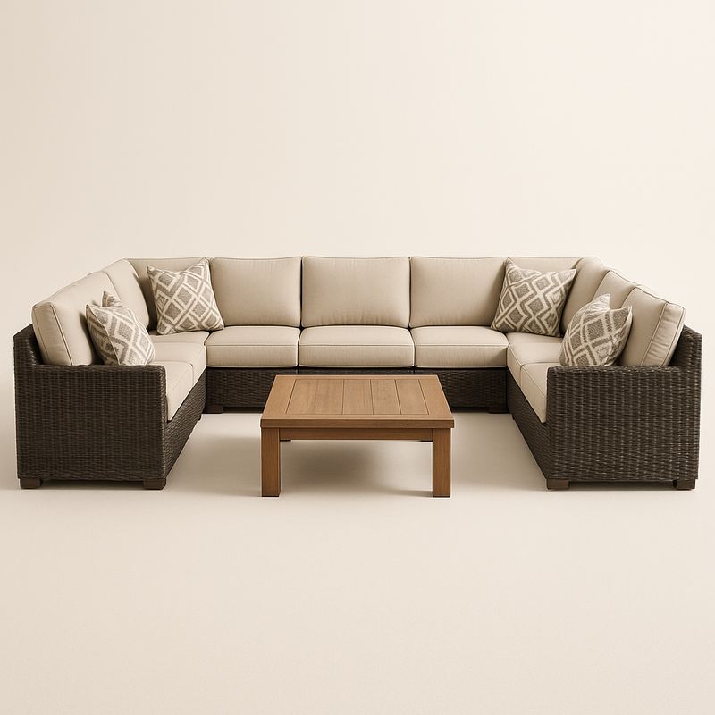 Ecksofa Set Rattan Beige/Braun mit Polster und Tisch