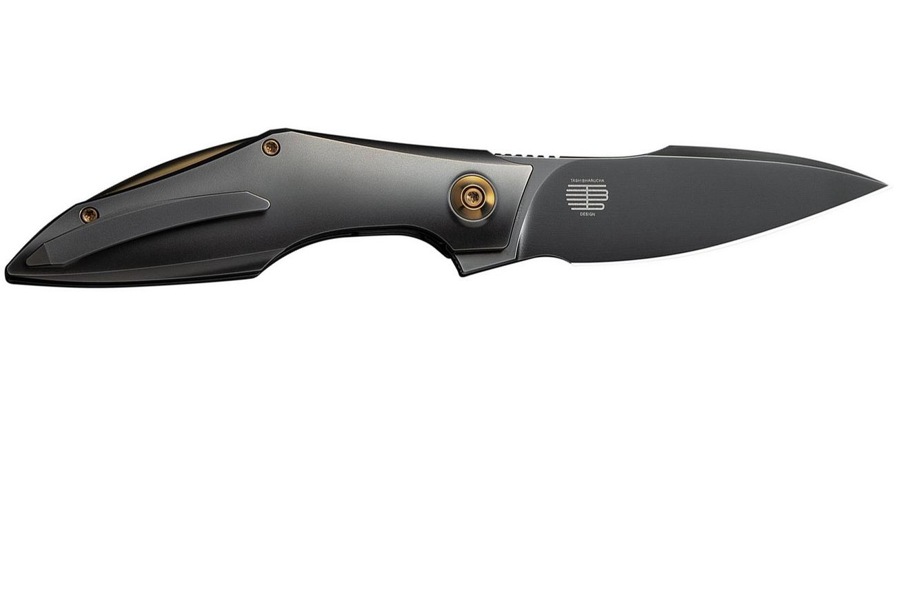 WE Knife Krait Snake WE24084-3 Polished Gray Böhler M390, Polished Gray Titanium, Gold Anodized Hardware, zakmes, Tashi Bharucha design