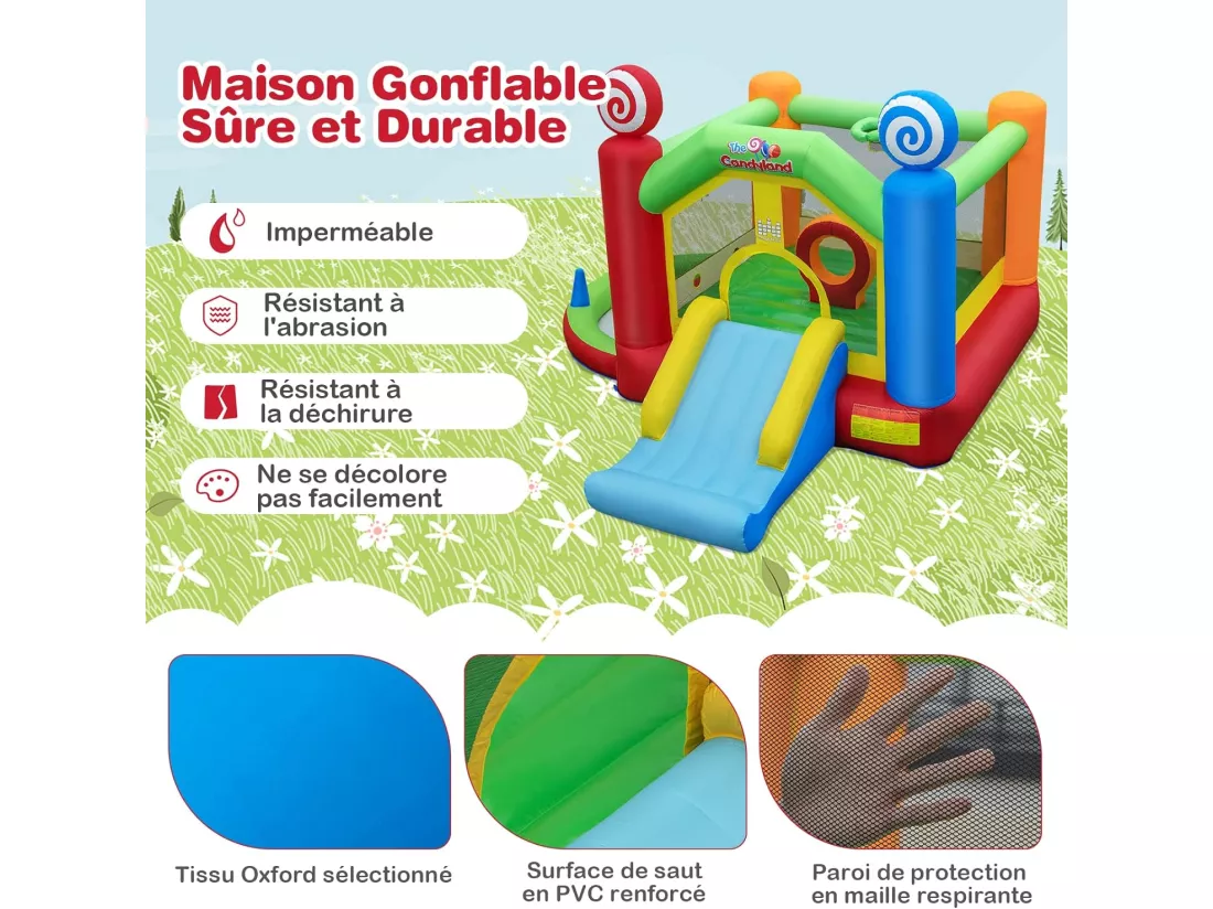 Château Gonflable avec Souffleur 680W, Maison de Saut Géante Intérieure Extérieure avec Toboggan, Décorations de Sucette, 50 Balles Océanique, Panier de Basket-Ball pour Enfants 3 Ans +