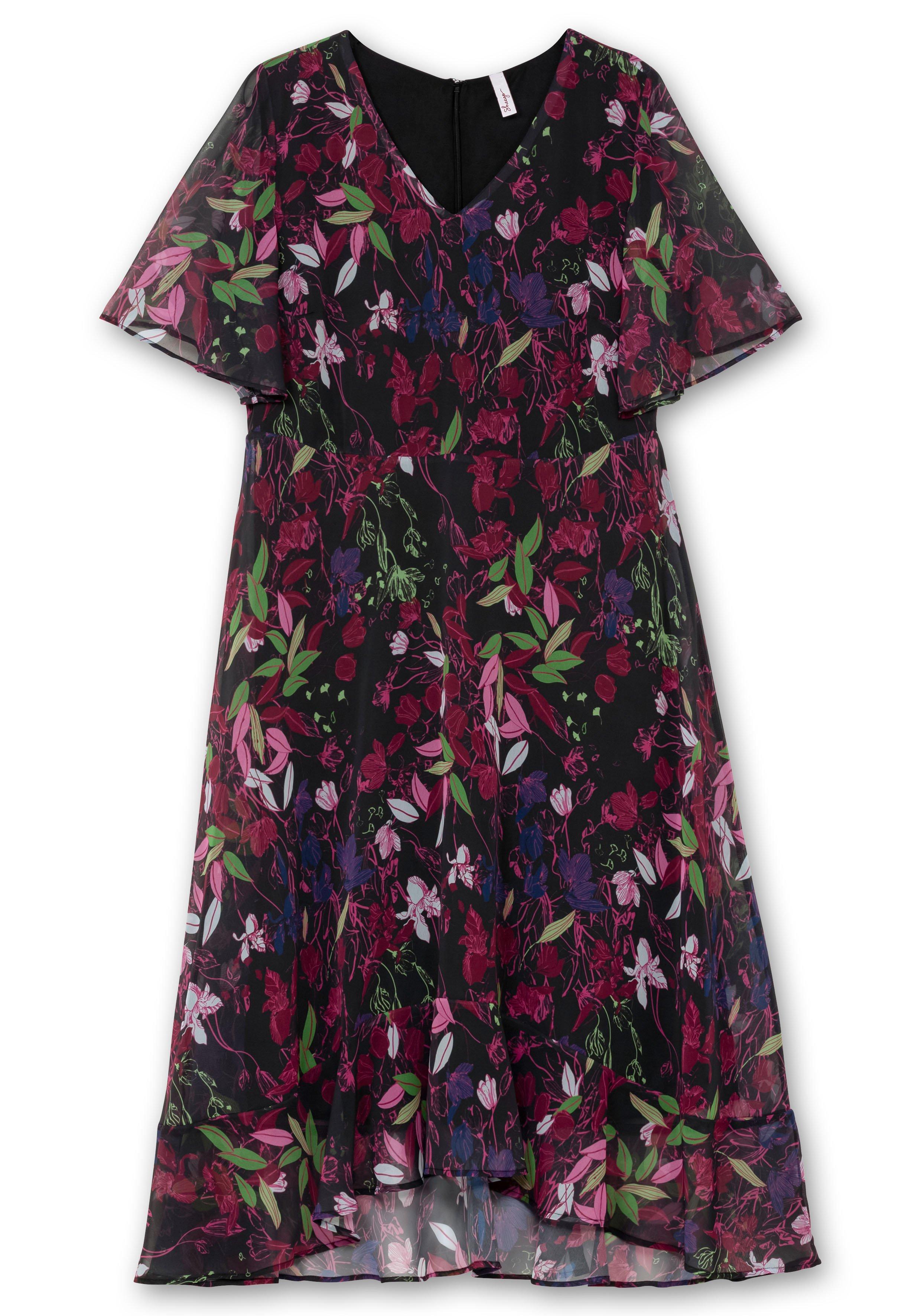 Chiffonkleid mit Blumendruck und Volant am Saum