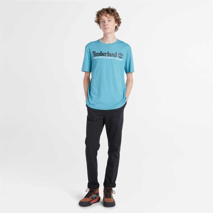 Camiseta masculina azul com estampa de vento, água, terra e céu.