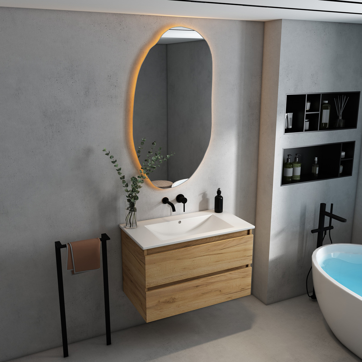 Fontana Rovigo badmeubel 80cm met witte wastafel zonder kraangat warm eiken