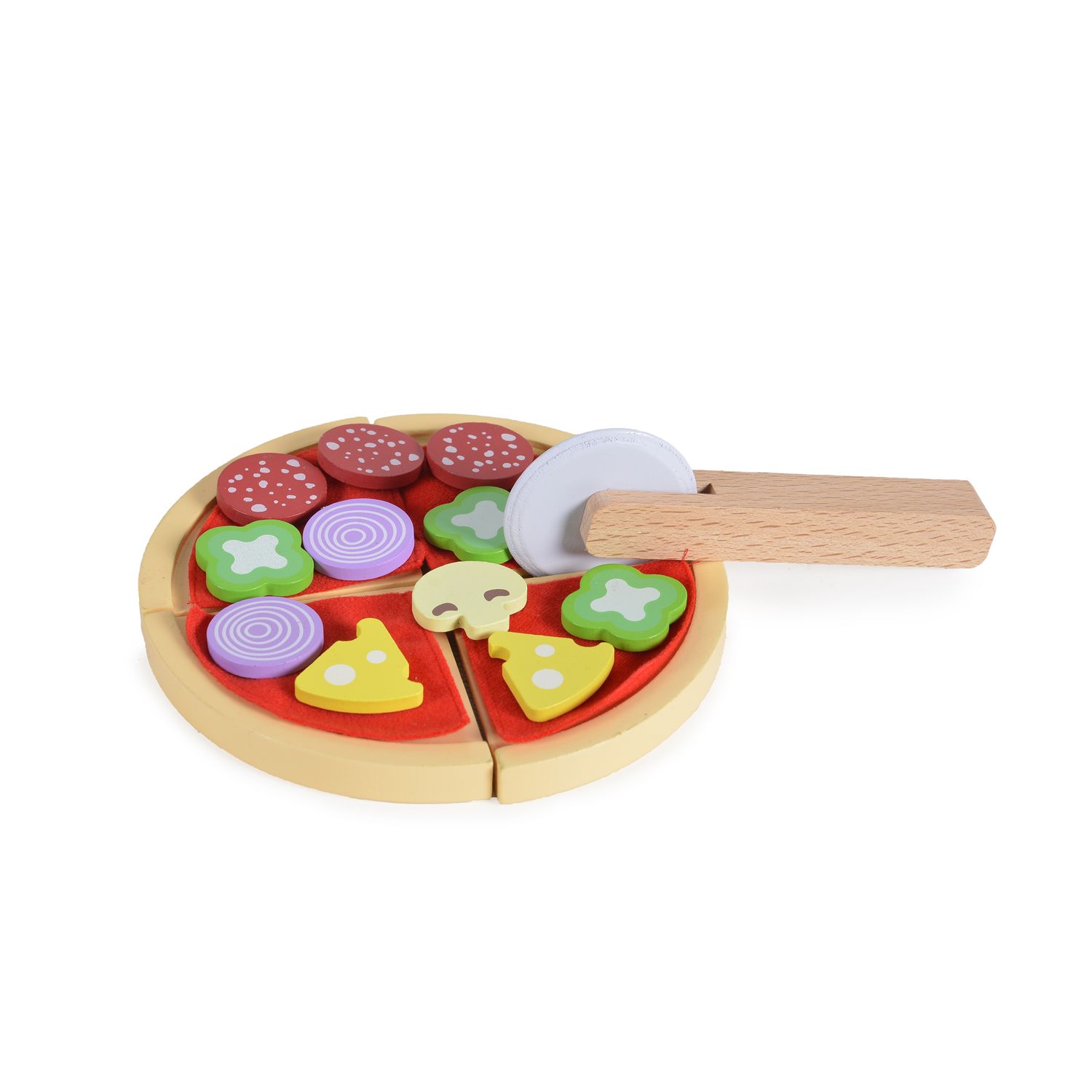 Moni Kinder Pizza-Spielset 4221 Holz Pizzaschneider, Pizzastücke mit Klett rot