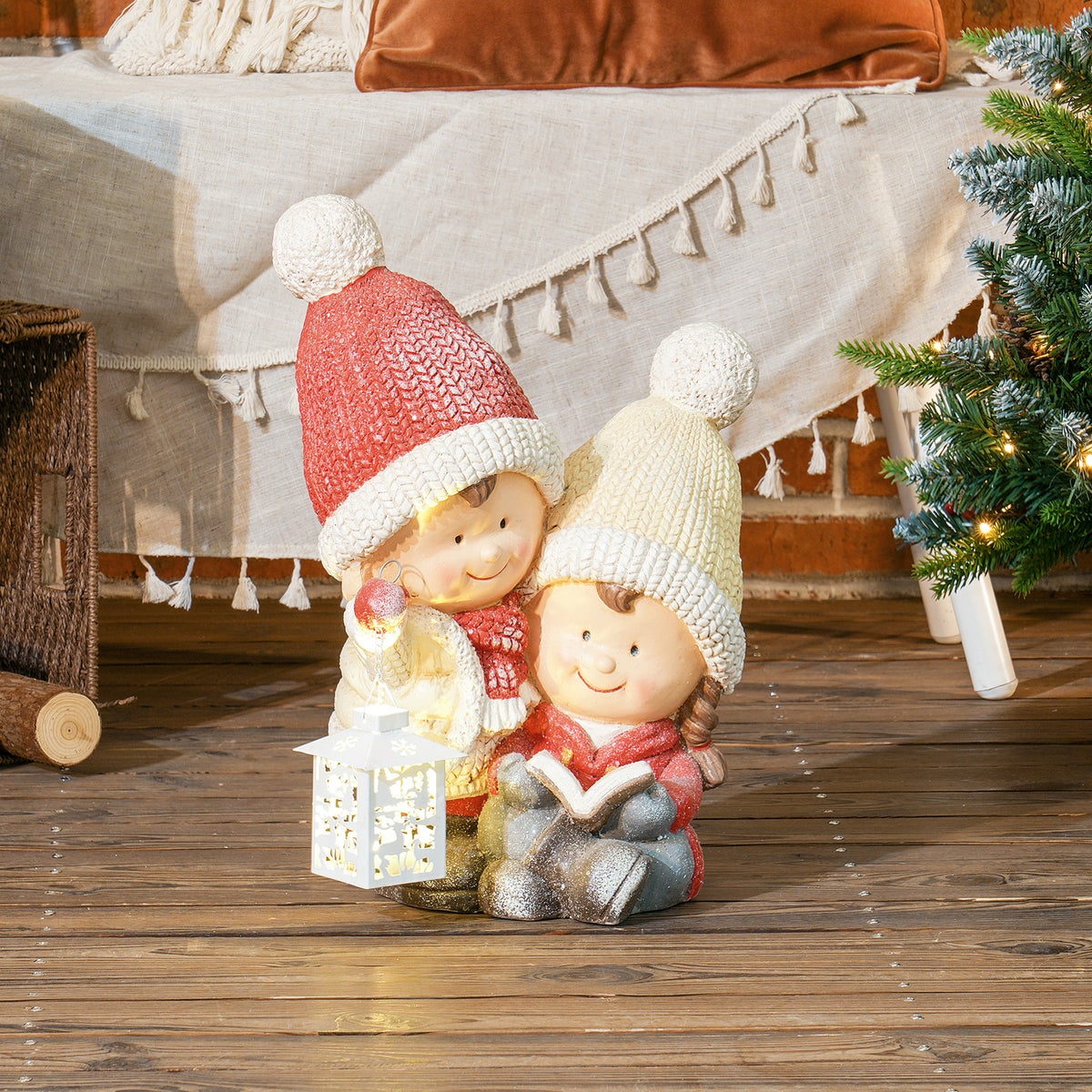 HOMCOM Kerstdecoratiefiguur, kerstelf met boek en lantaarn, 45 cm Kerstfiguur met LED-licht, decoratief figuur voor Kerstmis, voor binnen en buiten
