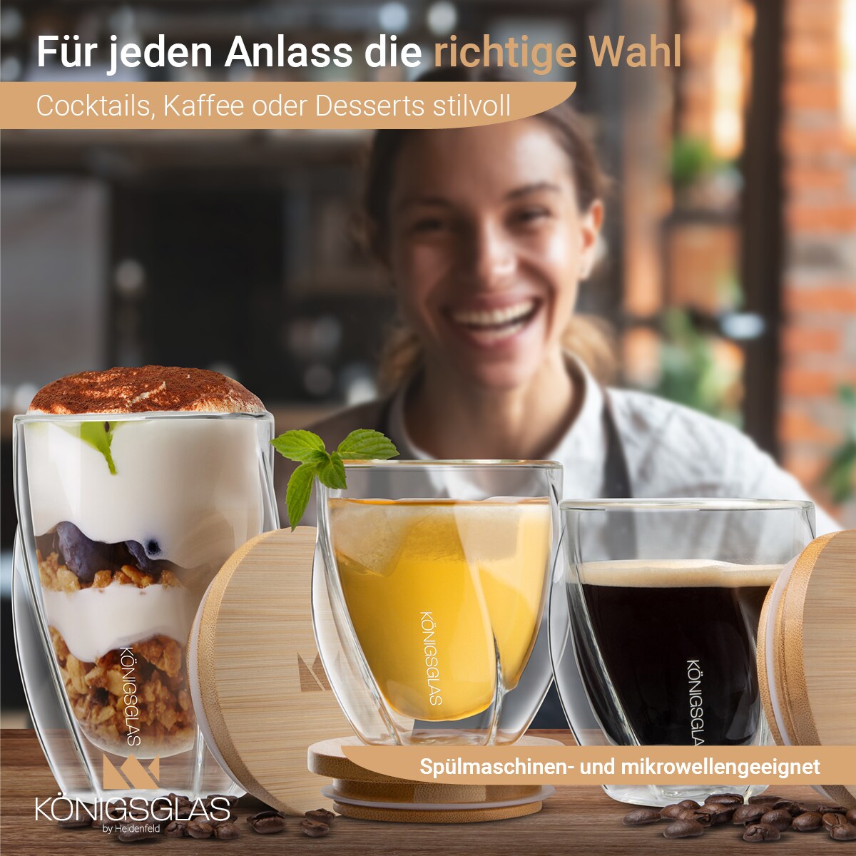 Königsglas Swing, Tee-/Kaffeegläser by Heidenfeld, 250/350 ml, Bambusdeckel, doppelwandig, Set (2er Set, 250 ml)