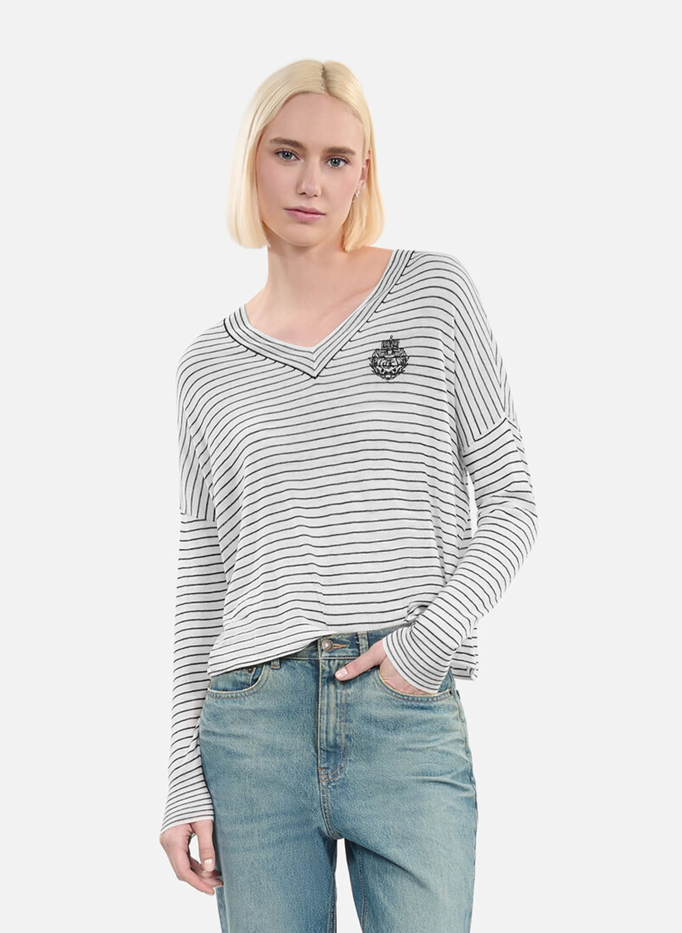 Pull ample rayé en laine et cachemire | Blanc
