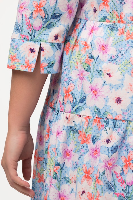 Hemdblusenkleid, Blüten, A-Linie, Hemdkragen, 3/4-Arm