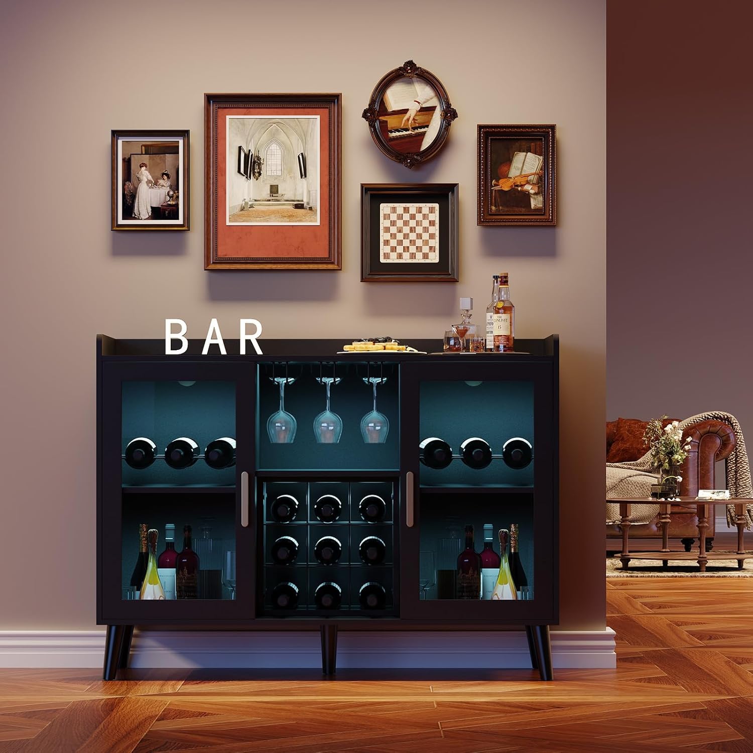 120x40x90cm Weinschränke mit LED Beleuchtung, Barschrank mit Abnehmbarem Weinregal & 9 Glashalter, Weinbarschrank mit 2 Türen für Bars, Wohnzimmer, Küche, Eingangsbereich, Schwarz