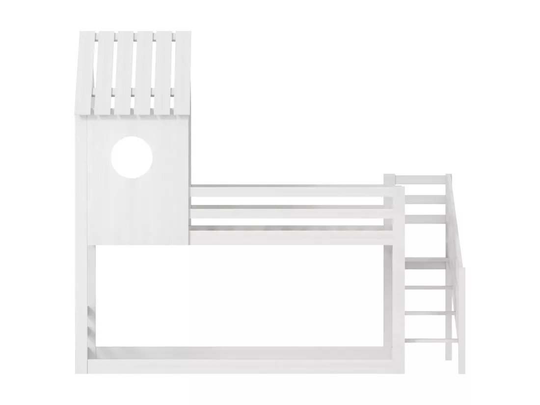Lit cabane 90x200cm, Lit superposé avec Garde-Corps, Forme Toit, Lit en Bois Massif avec sommiers à Latte pour 2 Personnes, Blanc