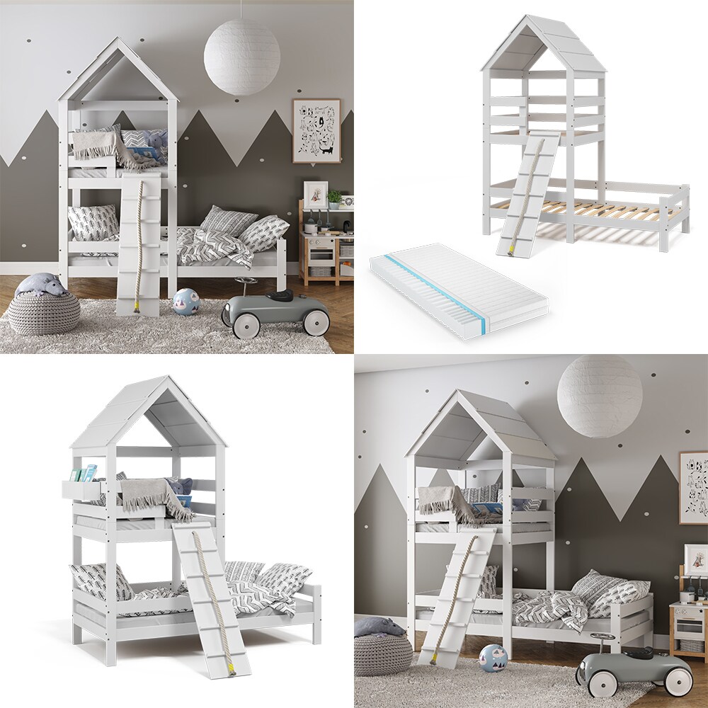 VitaliSpa Kinderbett Teddy 90x200cm mit Matratze Spielbett Jugendbett Spielturm Weiß