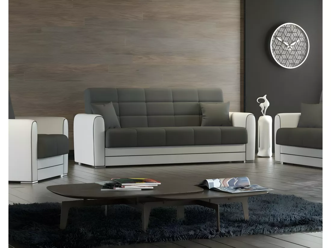Canapé Dgirou, Canapé conteneur 3 places en éco-cuir et tissu, Canapé de salon en tissu rembourré avec ouverture clic-clac, 220x84h91 cm, Blanc et Vert