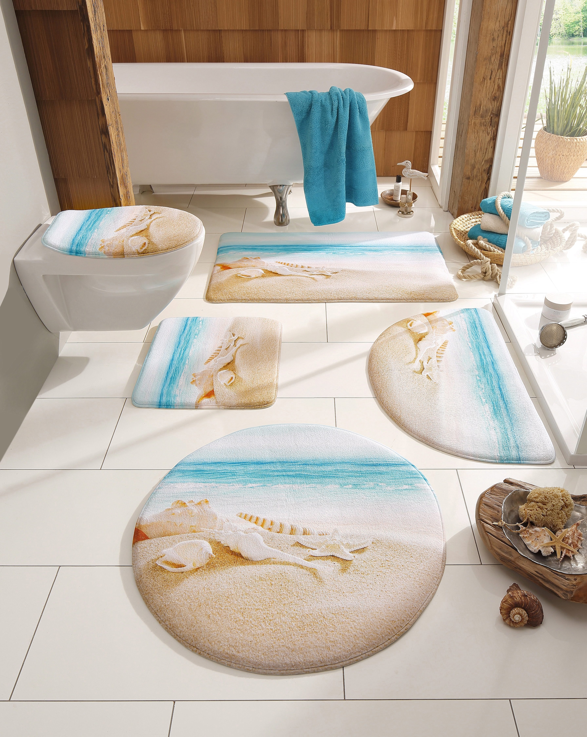 my home Badematte »Strand« Höhe 14 mm Memory Schaum fussbodenheizungsgeeignet | schnell trocknend mit Strand-Motiv, Badematten auch als 2 teiliges Set erhältlich