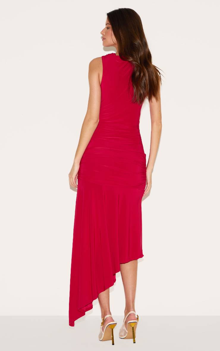 Rouge Robe Mi-longue Asymétrique Froncée En Tissu Soyeux Double Épaisseur