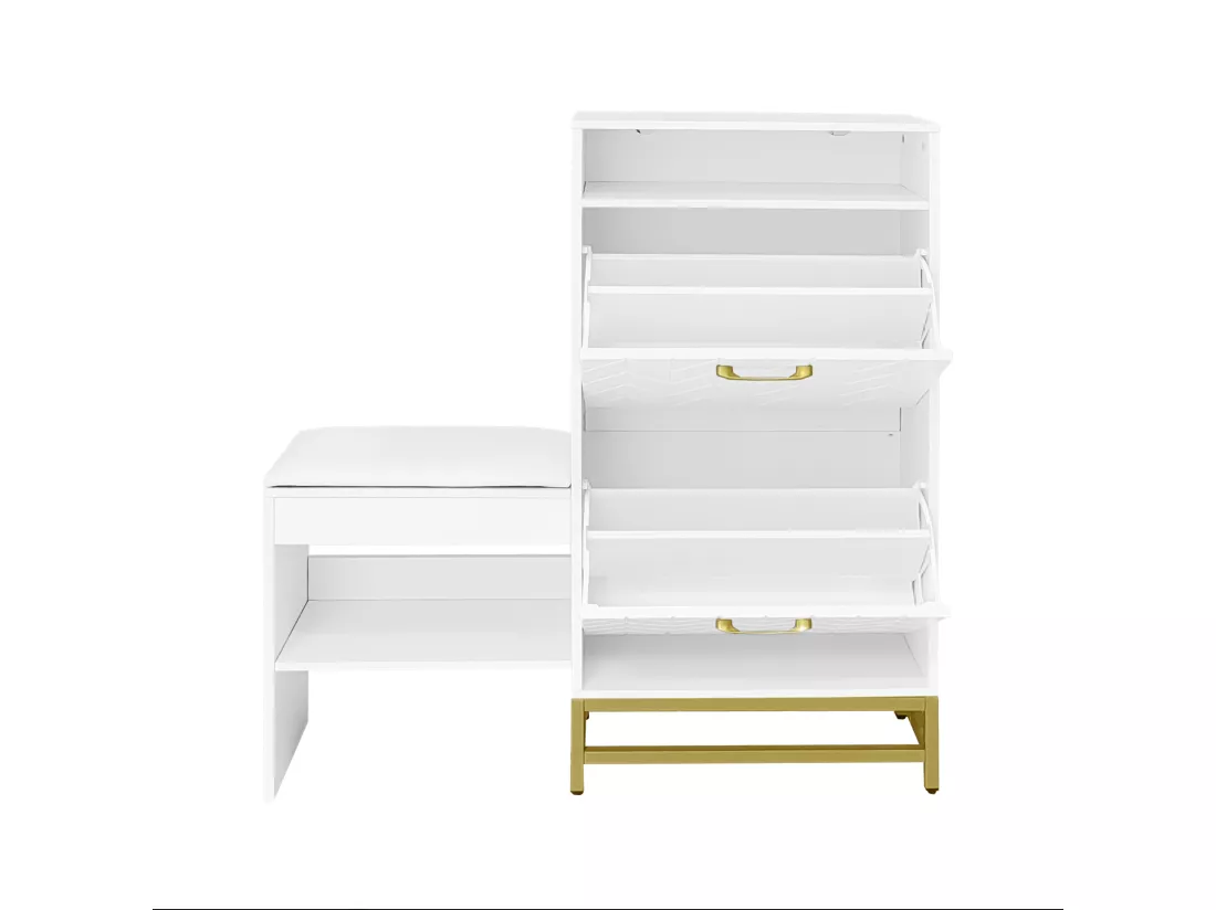 Meuble à chaussures avec LED - 1 banquette + 2 portes abattants + 2 compartiments - Blanc