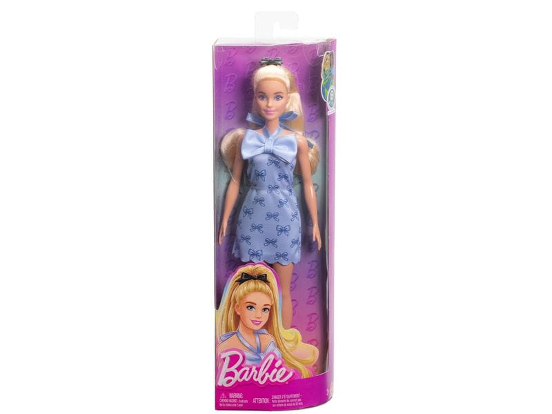 Barbie Puppe Fashionista Blue Bows Fashionistas-Puppe in blauem Neckholderkleid mit Schleife, blondem Haar und einer Haarschleife