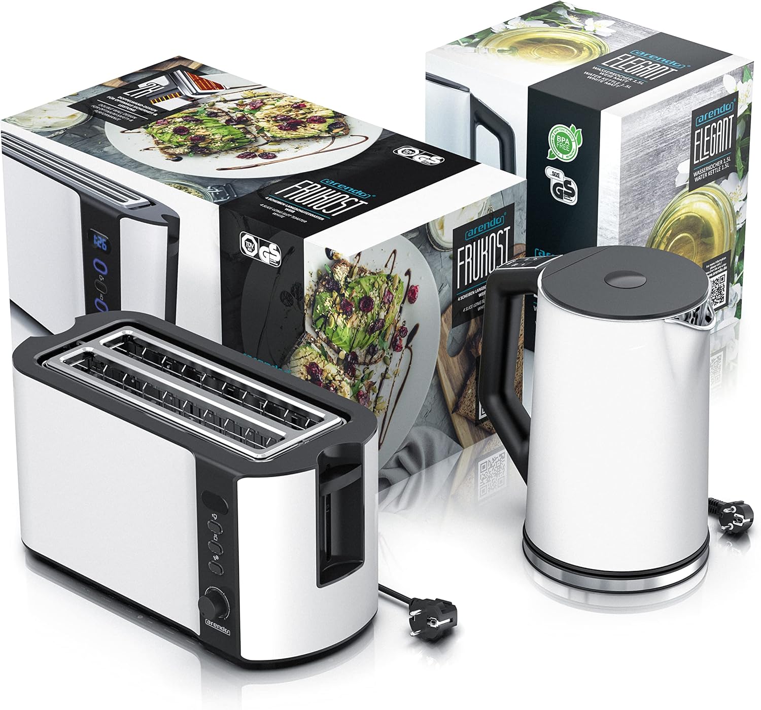 Arendo - Wasserkocher mit Toaster SET Edelstahl Weiß matt, Wasserkocher 1,5L 40° - 100° Warmhaltefunktion Toaster 4 Scheiben LED-Display 6 Bräunungsgrade Brötchaufsatz