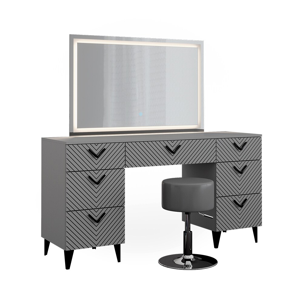 Vicco Schminktisch Anett Grau mit LED-Spiegel, Hocker, 150 x 78 cm, 7 Schubladen
